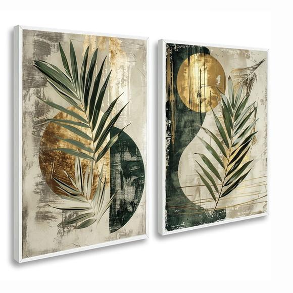 Quadros Decorativos Abstrato Dourado Folhagem Verde Moldura