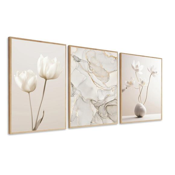 Quadros Decorativos Abstrato Flores Bege Moderno com Moldura