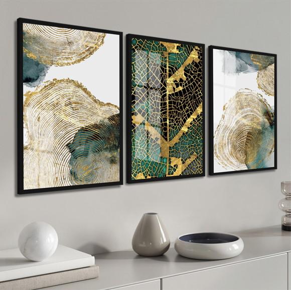 Quadros Decorativos Abstrato Folha Dourada Moldura e Vidro