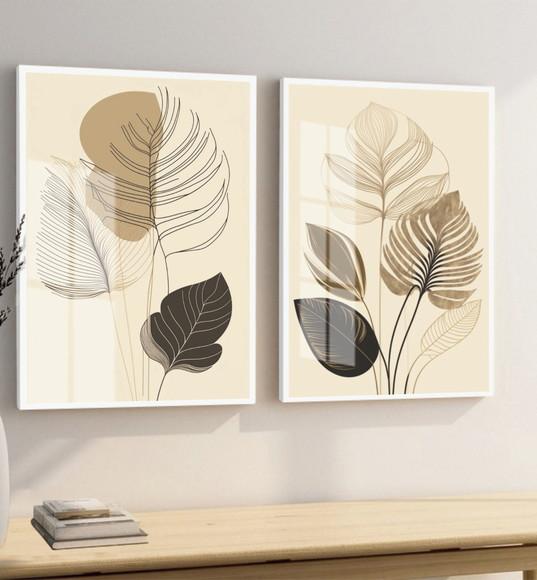 Quadros Decorativos Abstrato Folhagem Bege com Moldura Vidro