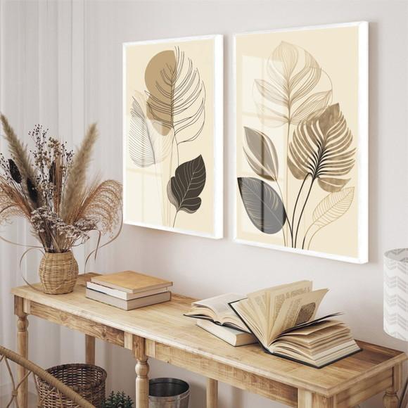 Quadros Decorativos Abstrato Folhagem Bege com Moldura Vidro