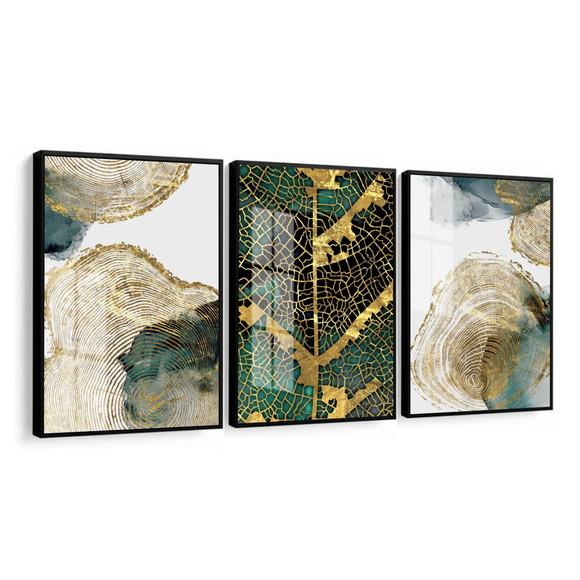 Quadros Decorativos Abstrato Folha Dourada Moldura e Vidro