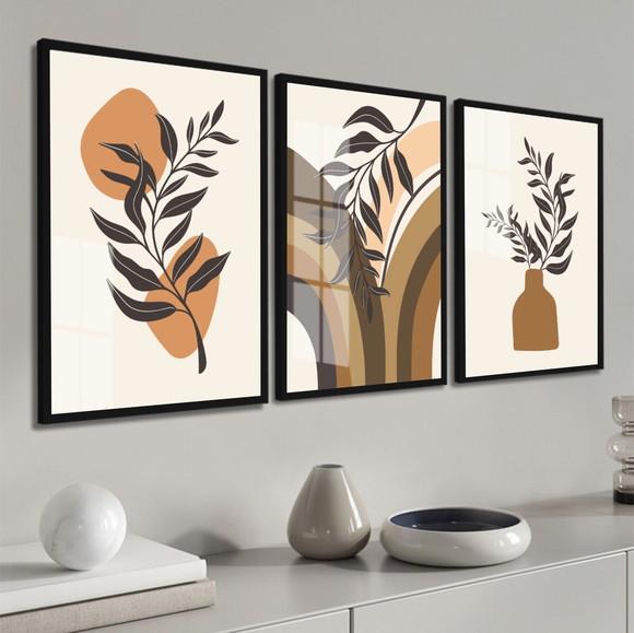 Quadros Decorativos Abstrato Folhagem Boho com Moldura Vidro