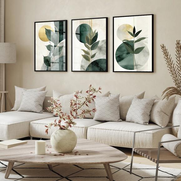 Quadros Decorativos Abstrato Folhagem Verde Moldura e Vidro