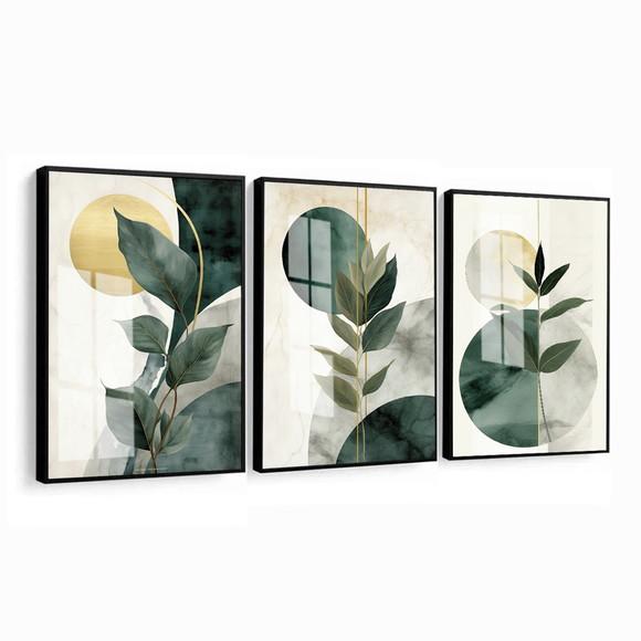 Quadros Decorativos Abstrato Folhagem Verde Moldura e Vidro