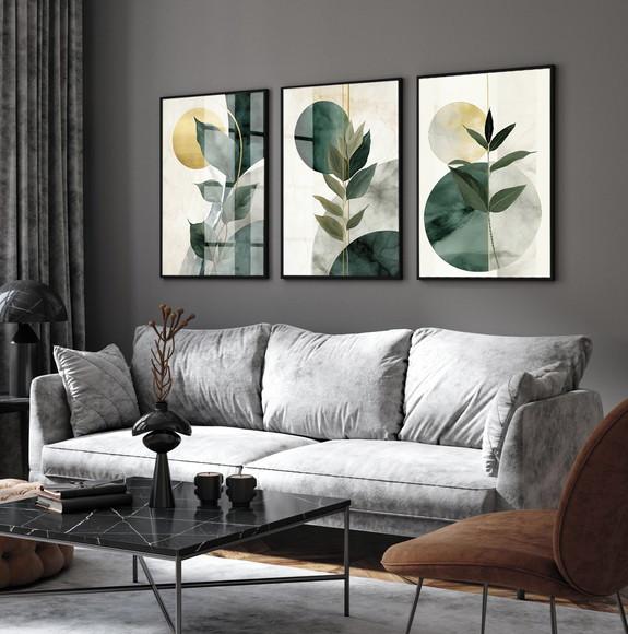 Quadros Decorativos Abstrato Folhagem Verde Moldura e Vidro