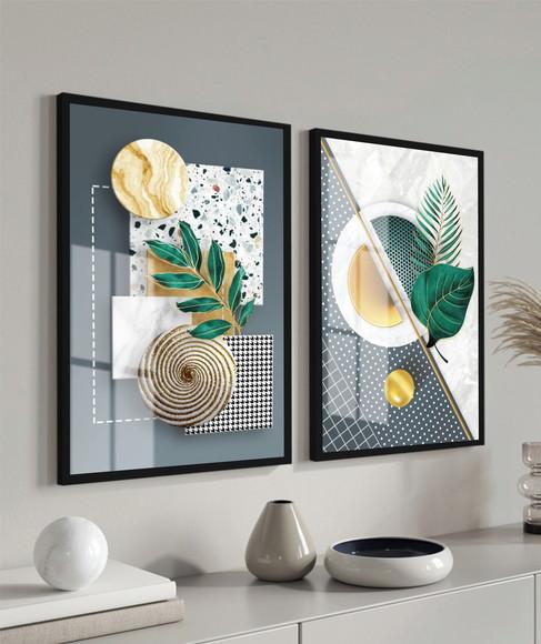 Quadros Decorativos Abstrato Folhagem Verde Moldura E Vidro