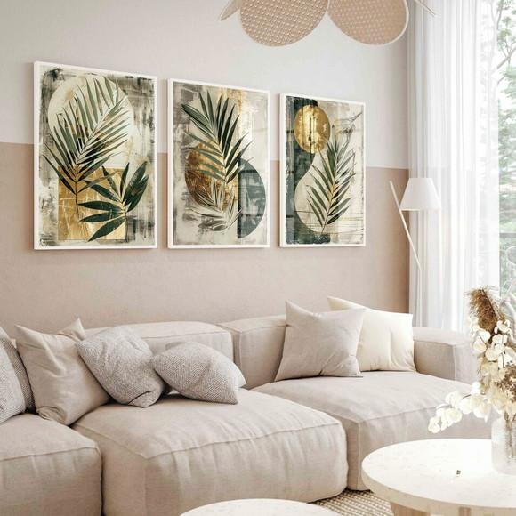 Quadros Decorativos Abstrato Folhas Verdes Moldura e Vidro