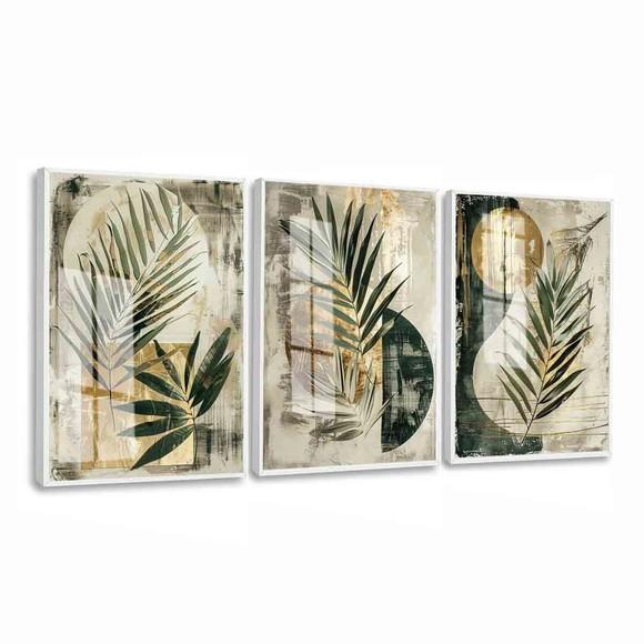 Quadros Decorativos Abstrato Folhas Verdes Moldura e Vidro