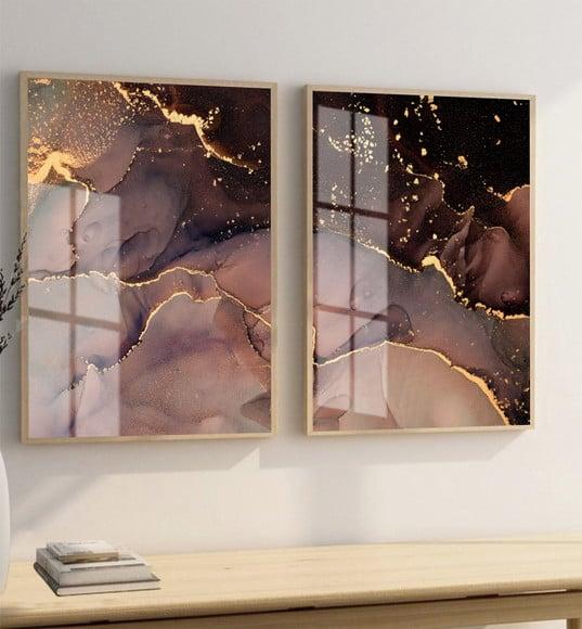 Quadros Decorativos Abstrato Gold Moderno com Moldura Vidro
