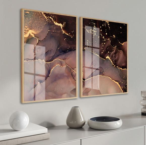 Quadros Decorativos Abstrato Gold Moderno com Moldura Vidro