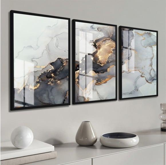Quadros Decorativos Abstrato Mármore Dourado Moldura e Vidro