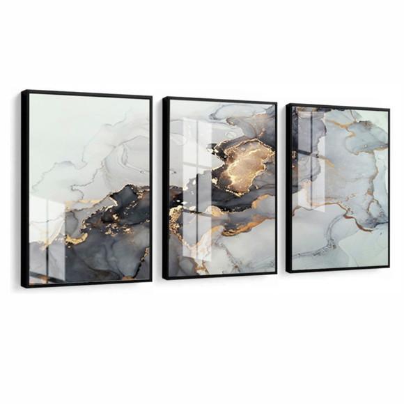 Quadros Decorativos Abstrato Mármore Dourado Moldura e Vidro