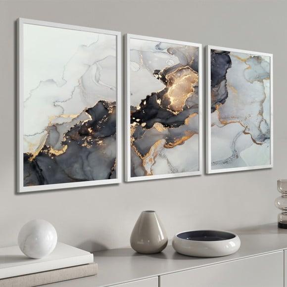 Quadros Decorativos Abstrato Mármore Preto Gold Com Moldura