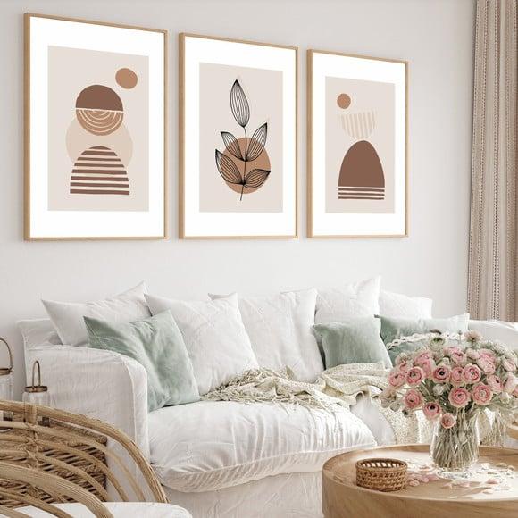 Quadros Decorativos Abstrato Moderno Bege Folhas com Moldura