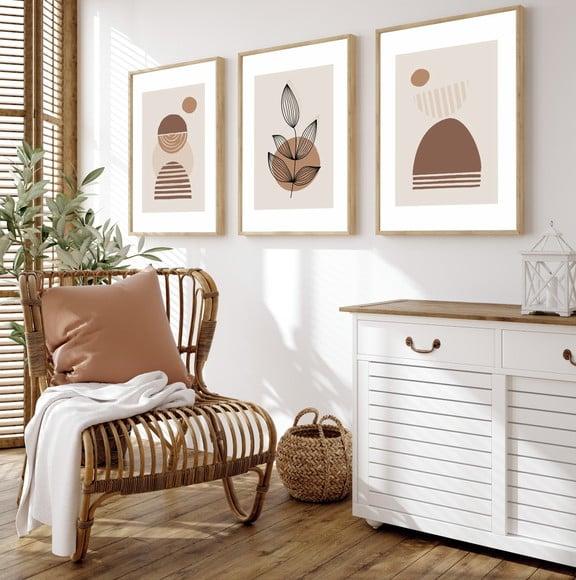 Quadros Decorativos Abstrato Moderno Bege Folhas com Moldura