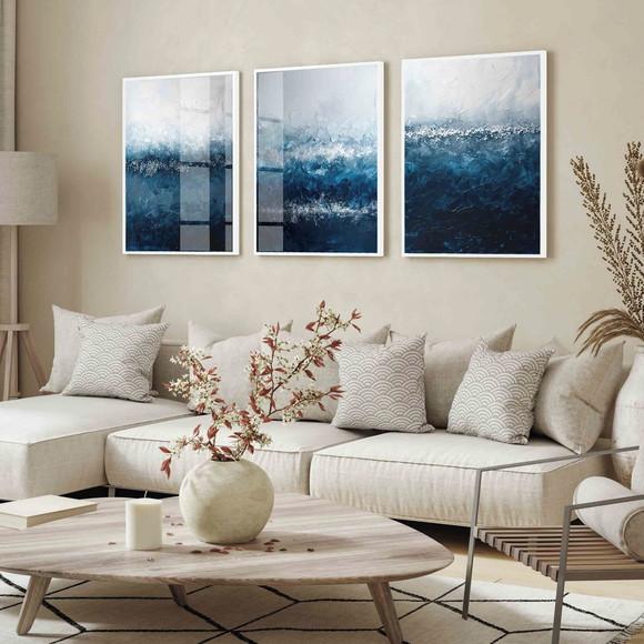 Quadros Decorativos Abstrato Moderno Azul Hall Moldura Vidro