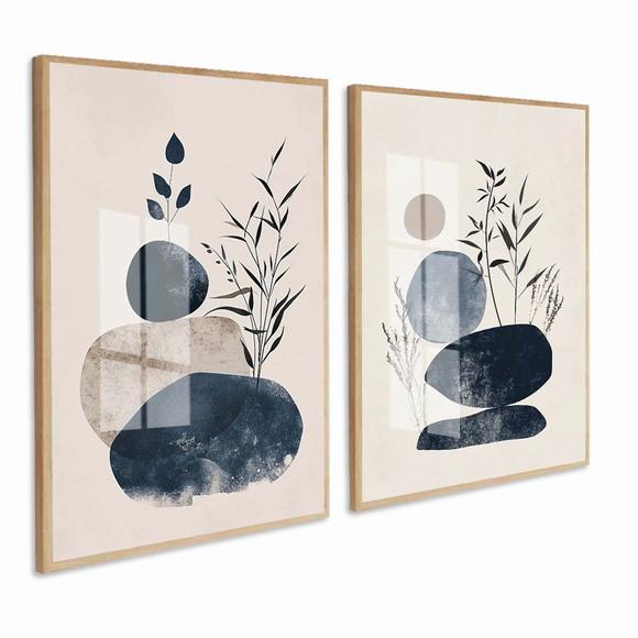 Quadros Decorativos Abstrato Moderno Folhas Azul com Vidro