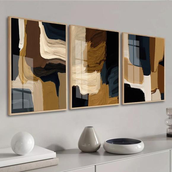Quadros Decorativos Abstrato Moderno Marrom Moldura e Vidro