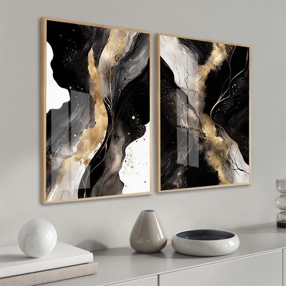 Quadros Decorativos Abstrato Preto Dourado Moldura e Vidro