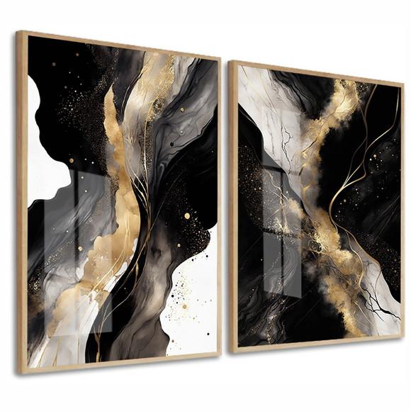 Quadros Decorativos Abstrato Preto Dourado Moldura e Vidro