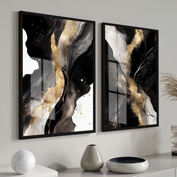 Quadros Decorativos Abstrato Preto e Dourado Moldura Vidro