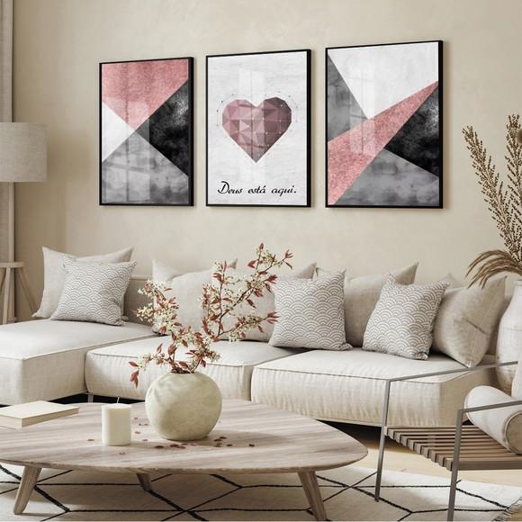 Quadros Decorativos Abstrato Rosa Coração Frase Quarto Vidro