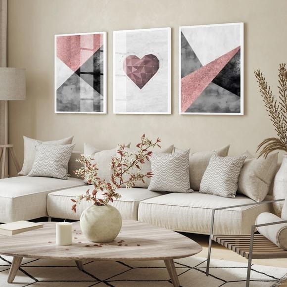 Quadros Decorativos Abstrato Rosa Coração Moderno com Vidro