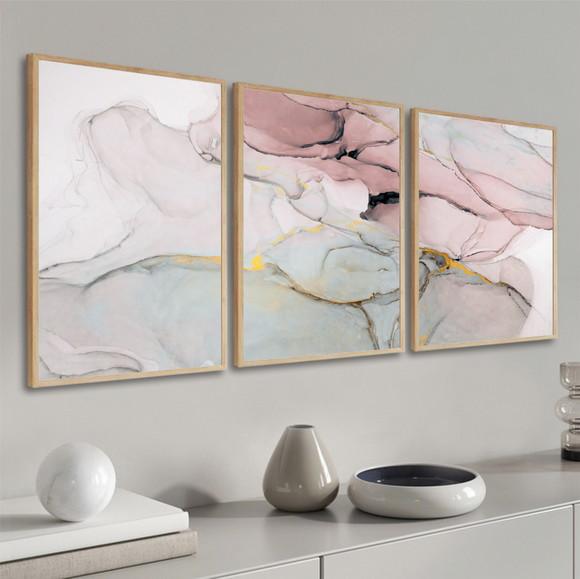 Quadros Decorativos Abstrato Rosa Mármore Gold com Moldura