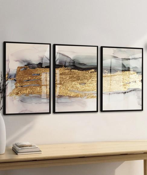 Quadros Decorativos Abstratos Dourados Mármore Moldura Vidro