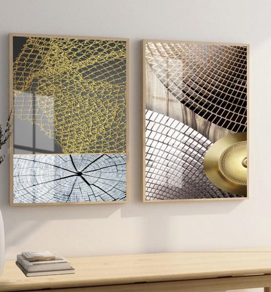 Quadros Decorativos Abstratos Modernos Dourado Moldura Vidro