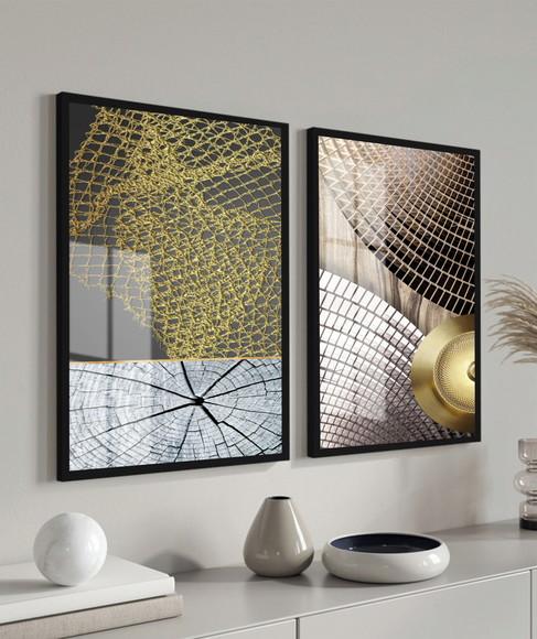 Quadros Decorativos Abstratos Modernos Gold Moldura e Vidro