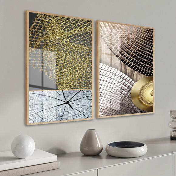 Quadros Decorativos Abstratos Modernos Dourado Moldura Vidro