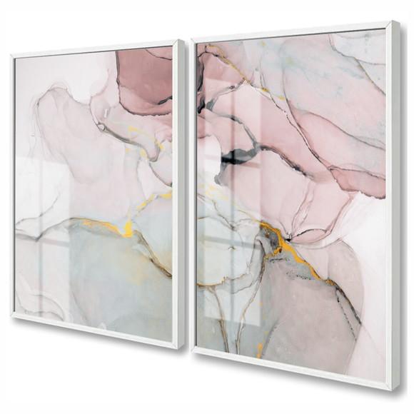 Quadros Decorativos Abstratos Rosa e Dourado Moldura e Vidro