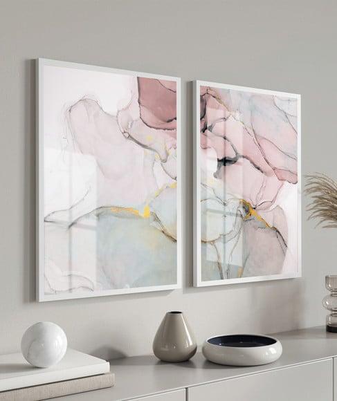 Quadros Decorativos Abstratos Rosa e Dourado Moldura e Vidro