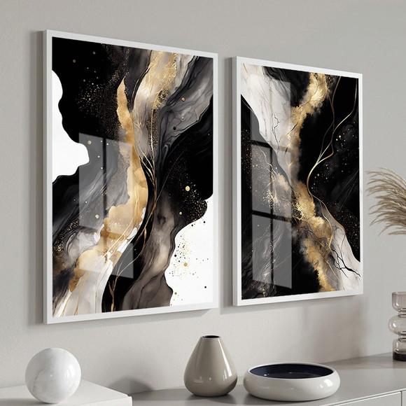 Quadros Decorativos Abstratos Preto e Dourado Moldura Vidro