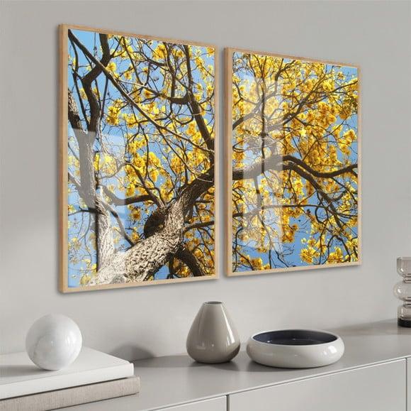 Quadros Decorativos Arvore Amarela Galhos Com Moldura Vidro