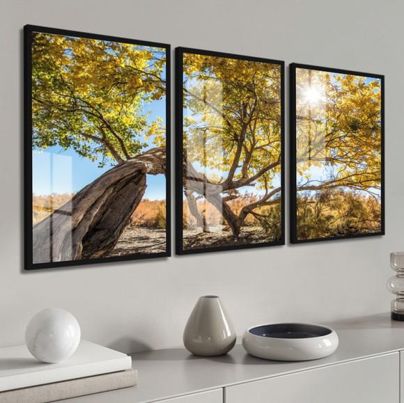 Quadros Decorativos Arvore Amarela Paisagem Moldura e Vidro