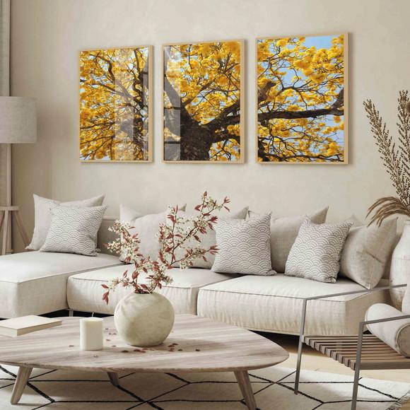 Quadros Decorativos Arvore Amarela Paisagem Moldura e Vidro