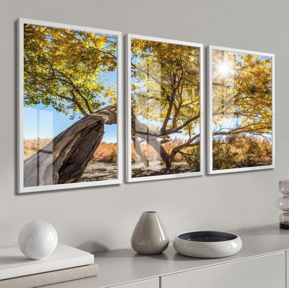 Quadros Decorativos Arvore Amarela Paisagem Moldura e Vidro
