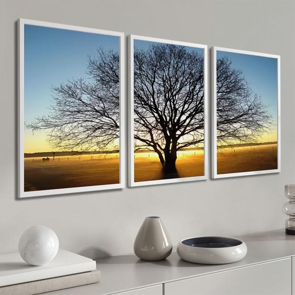 Quadros Decorativos Arvore Galho Paisagem Pôr do Sol Moldura