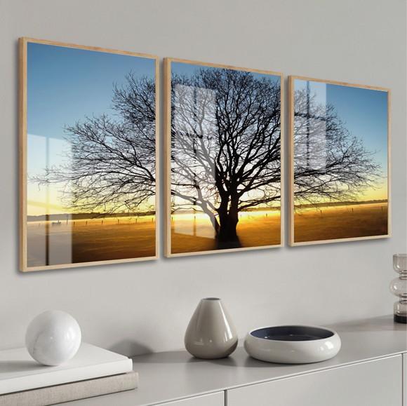Quadros Decorativos Arvore Pôr do Sol Paisagem Moldura Vidro