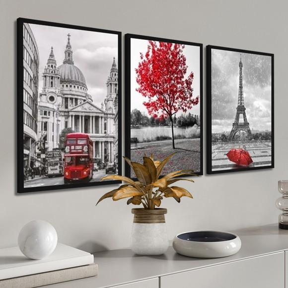 Quadros Decorativos Arvore Vermelha Londres e Paris Moldura