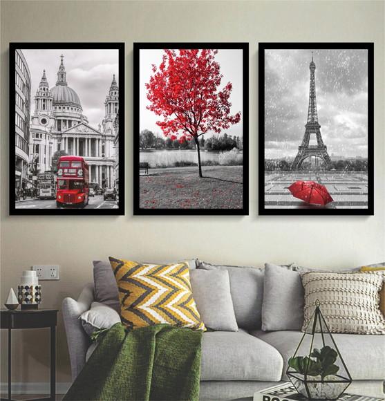 Quadros Decorativos Arvore Vermelha Londres e Paris Moldura
