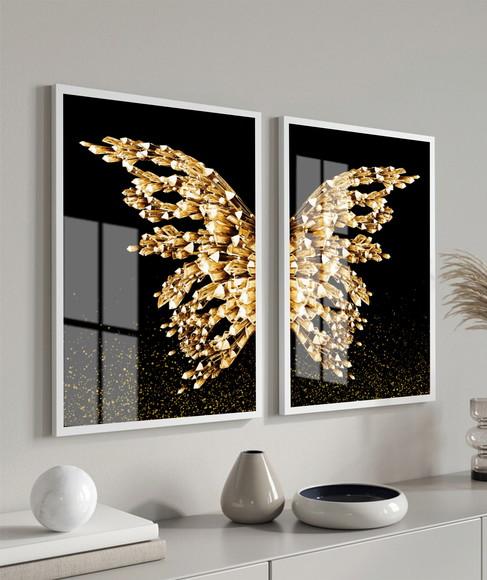 Quadros Decorativos Asas Douradas Borboletas Moldura E Vidro