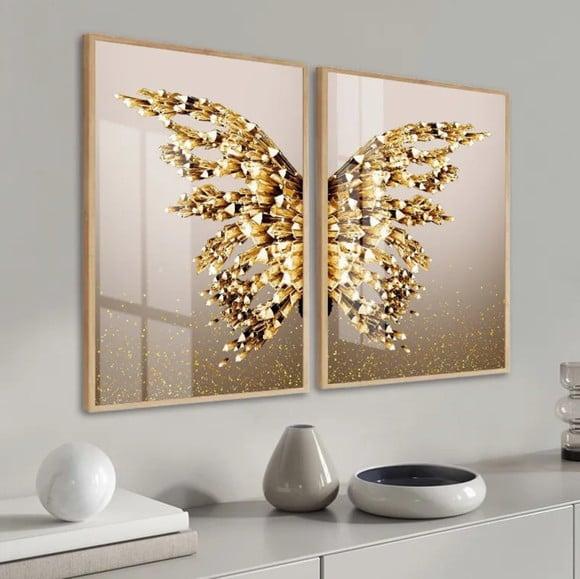 Quadros Decorativos Borboleta Asas Douradas Moldura e Vidro