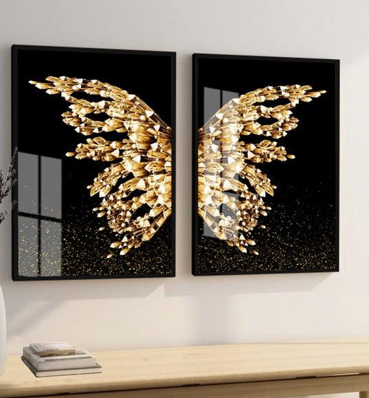 Quadros Decorativos Borboleta Asas Douradas Moldura E Vidro