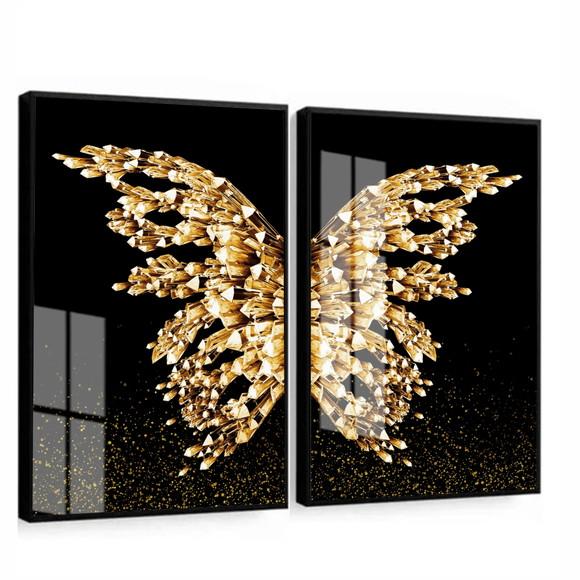 Quadros Decorativos Borboleta Asas Douradas Moldura E Vidro