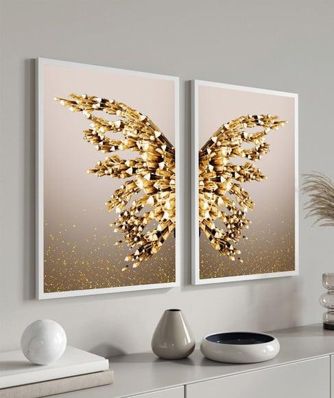 Quadros Decorativos Borboleta Dourada Asas Para Sala Moldura