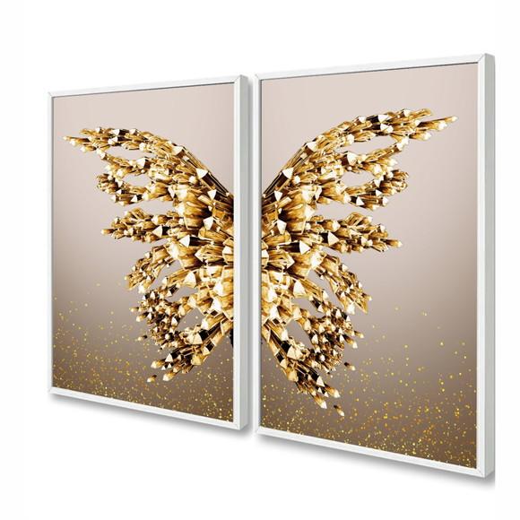 Quadros Decorativos Borboleta Dourada Asas Para Sala Moldura